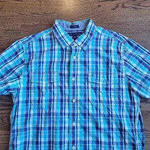 Tommy Hilfiger Plain Blue Short Sleeve Button Down Shirt Large L